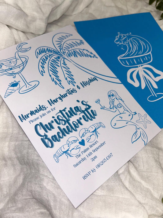 Mermaid Bachelorette Invitation - Tropical Beach Party Invite Editable Canva custom template wedding hens milestone birthday surprise event