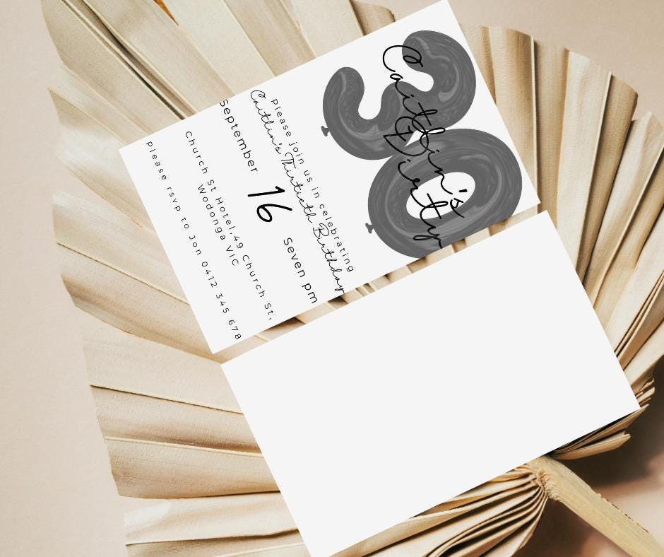 30th Birthday Invitation Milestone Party Invite Dirty thirty editable downloadable black white canva template 30 Balloon minimal 1995 95 30s