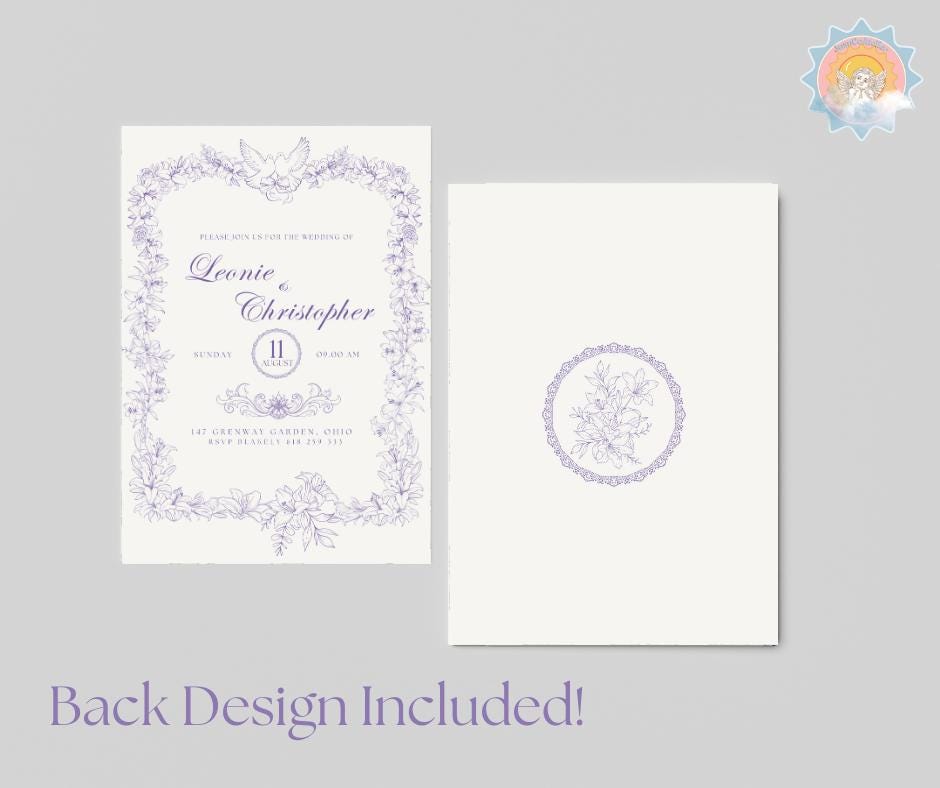 Baroque Classy Wedding Invitation Dove Lily Purple Elopement Bridal Elegance Royal Design Invite Template Digital Download Elegant Fancy