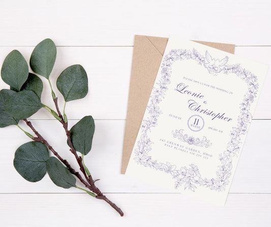 Baroque Classy Wedding Invitation Dove Lily Purple Elopement Bridal Elegance Royal Design Invite Template Digital Download Elegant Fancy