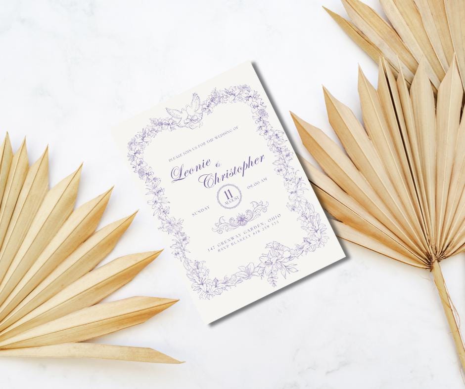 Baroque Classy Wedding Invitation Dove Lily Purple Elopement Bridal Elegance Royal Design Invite Template Digital Download Elegant Fancy