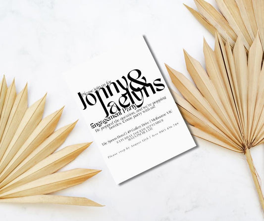 Funky Modern Engagement Party Invitations Simple black white fresh elegant chic script invites wedding event invitation bride groom to be