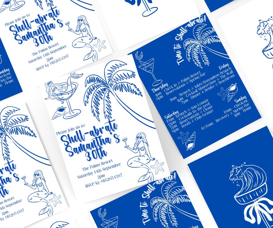 Shell-abrate Invitation Package - Blue Tropical Beach theme ladies invites 30th 21st theme birthday surprise party e-invite editable custom