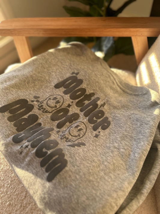 Crazy Club GreyMatching kids and mum Mother’s Day sweatshirt - Mother of Mayhem, MoM, family matching jumpers crewneck personalised mum gift