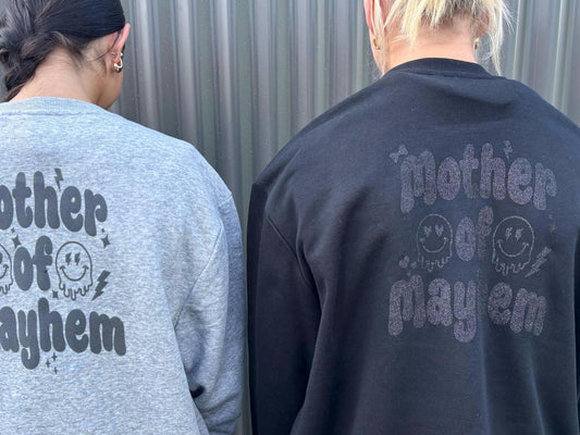 Crazy Club Black kids and mum Mother’s Day sweatshirt - Mother of Mayhem, MoM, family matching jumpers crewneck personalised mum gift
