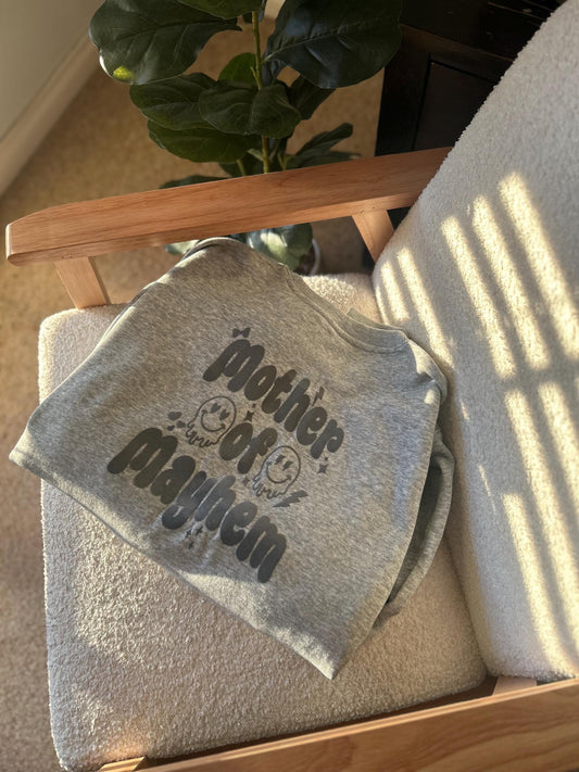 Crazy Club GreyMatching kids and mum Mother’s Day sweatshirt - Mother of Mayhem, MoM, family matching jumpers crewneck personalised mum gift