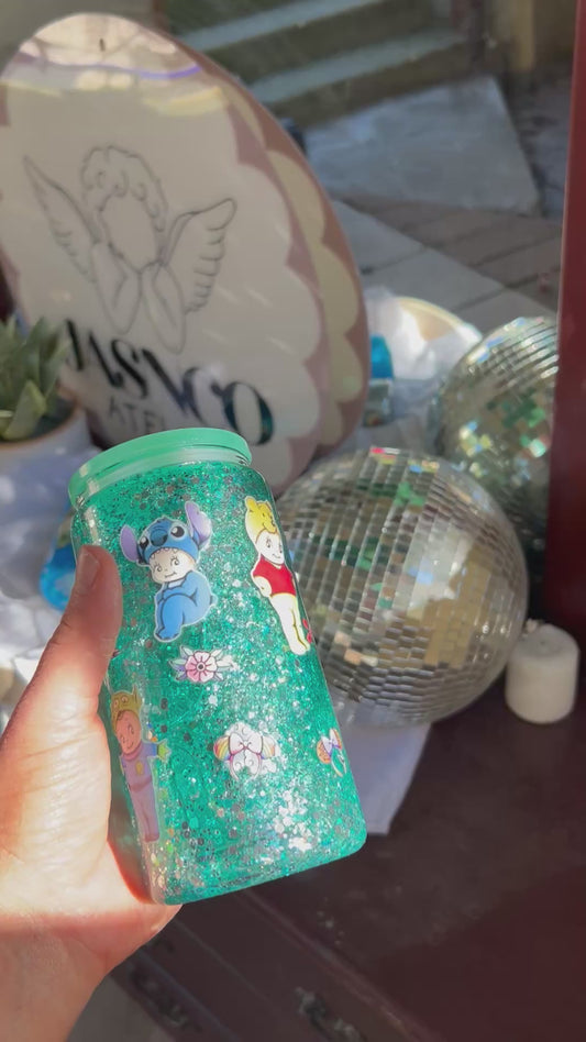 Kewpie Inspired Glass Snowglobe Tumbler Teal