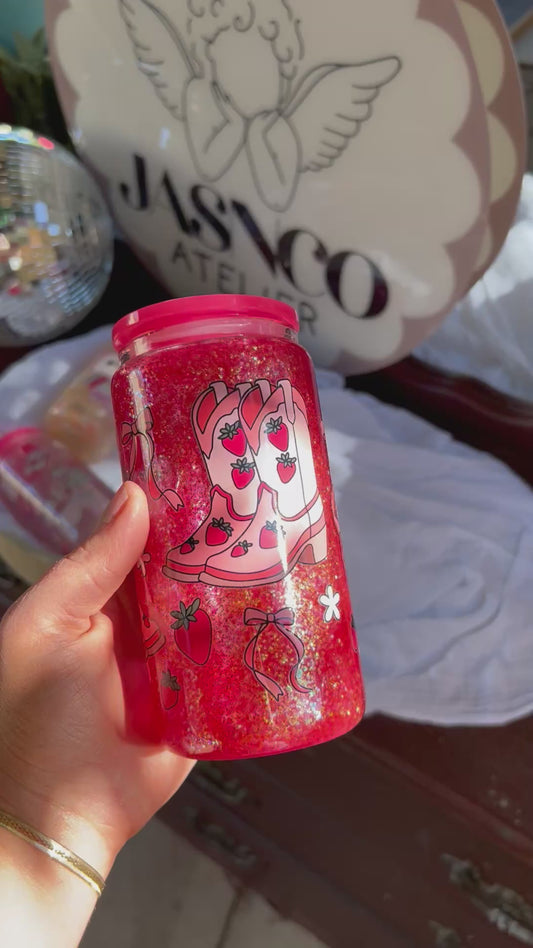 Strawberry Cowgirl Glass Snowglobe Tumbler