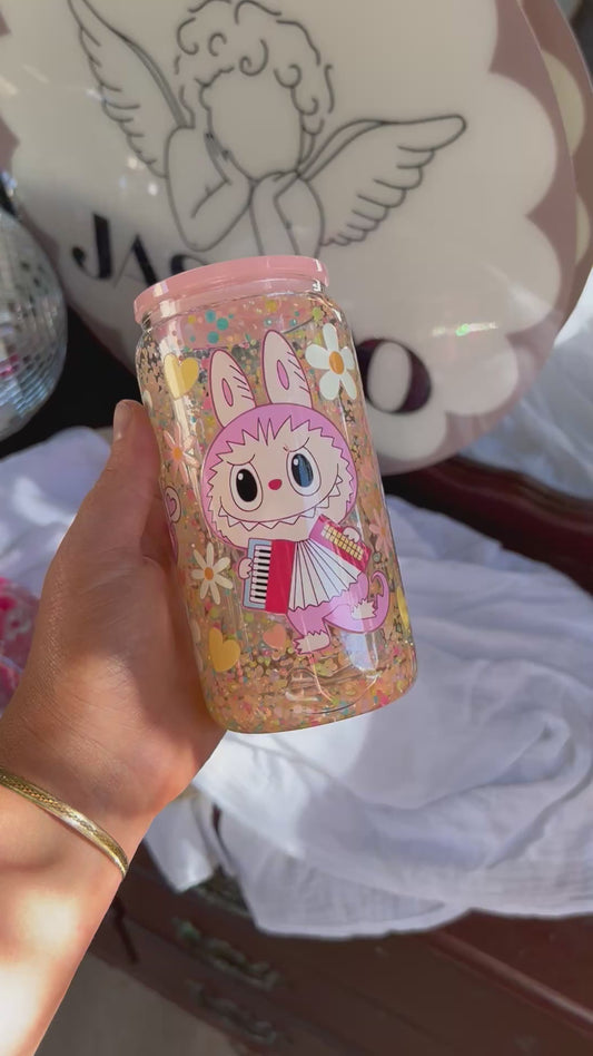 Labubu Inspired Pink Glass Snowglobe Tumbler